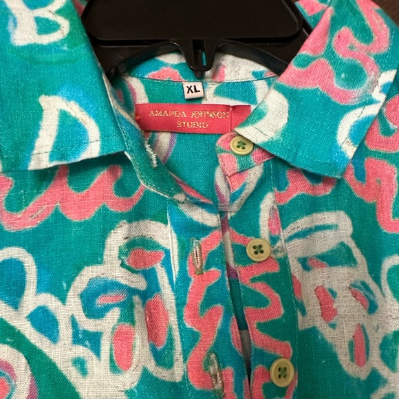 Amanda Johnson Studio Green Floral 100% Linen Shirt Dress $296 - Size XL - Picture 4 of 5